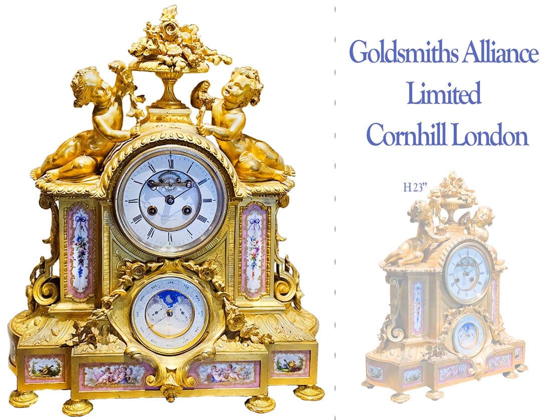 19th C. French Sevres Ormolu Figural Bronze Clock: 19th C. French Sevres Ormolu Figural Bronze Clock. H 23" x W 7" x L 18 7/8"