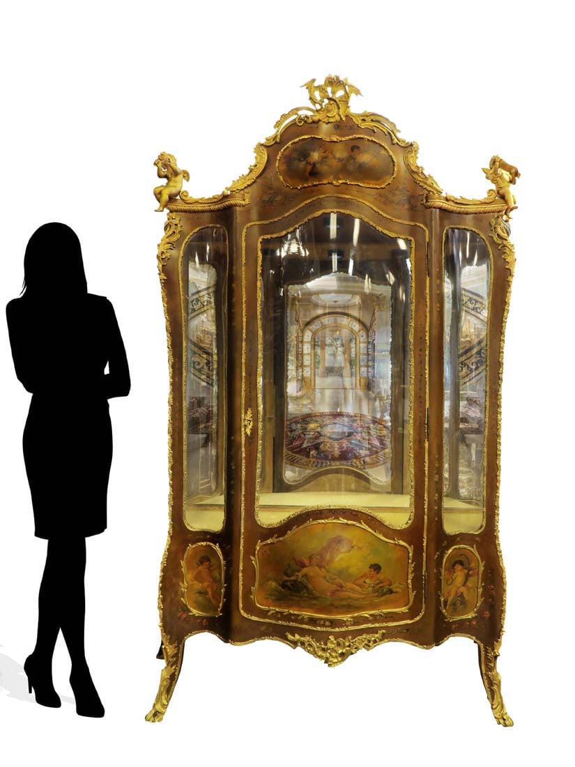 19th C Louis XV French Vernis Martin Figural Bronze Mounts Vitrine: 19th C Louis XV French Vernis Martin Figural Bronze Mounts Vitrine. Meausres H: 81" x 48" x 17"
