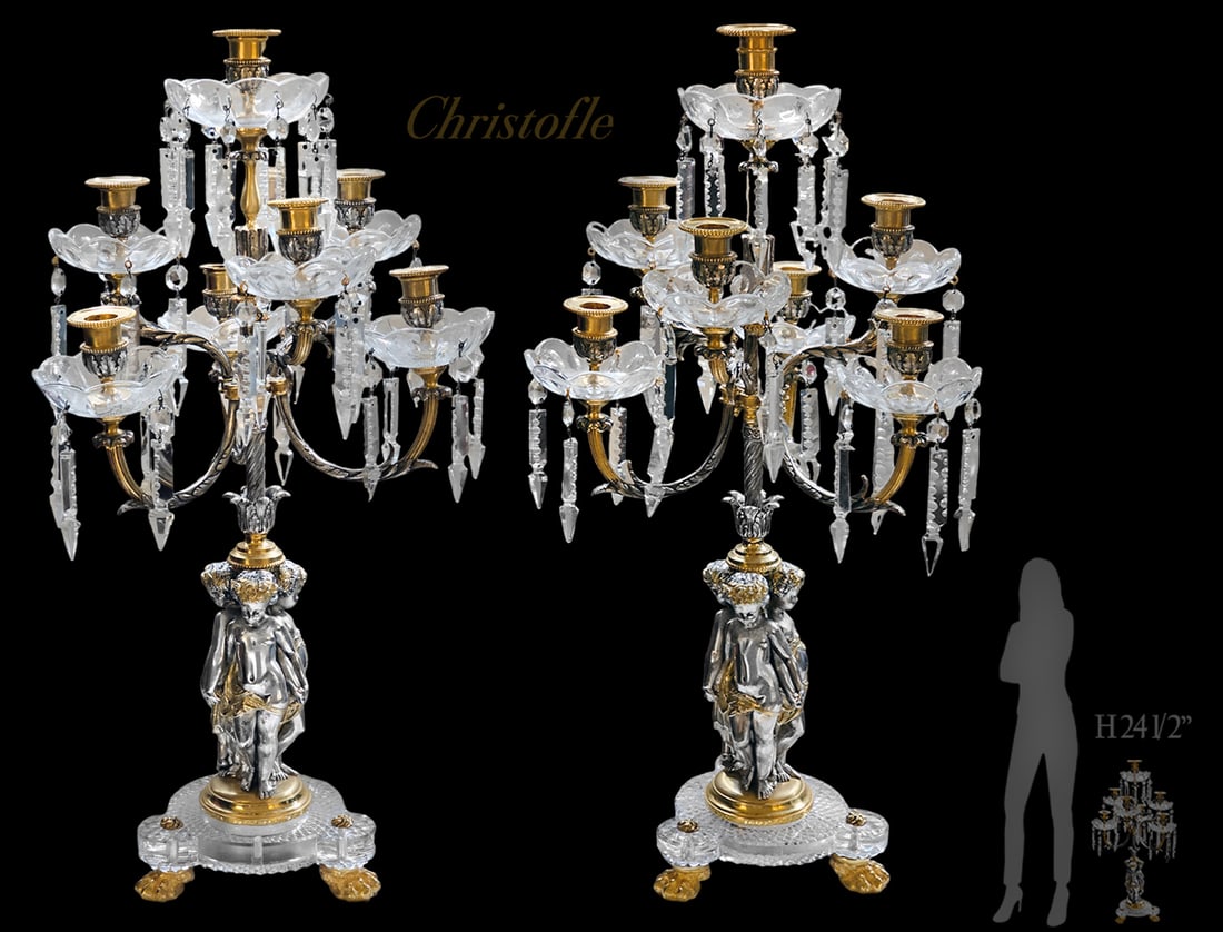 Pair Of 19th C. Baccarat Crystal & Christofle 7-Arms Figural Bronze Candelabras: Pair Of 19th C. Baccarat Crystal & Christofle 7-Arms Figural Bronze Candelabras. H 24 1/2" x W 13"