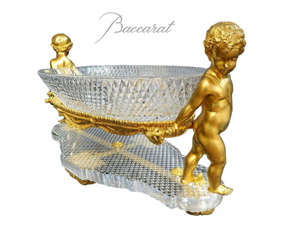 19th C. French Figural Bronze & Crystal Baccarat Centerpiece: 19th C. French Figural Bronze & Crystal Baccarat Centerpiece. Measures H: 12" W: 22 1/2" D: 8 1/2"