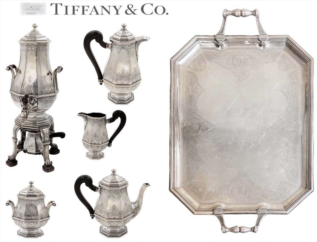 Early 20th C. French Sterling Silver Tiffany & Co. Tea Set: Early 20th C. French Sterling Silver Tiffany & Co. Tea Set ~ 11600 grams. (Tray: H 3" x W 17 1/2" x L 28" \ Big tea pot: H 9 1/2" x W 4 1/2" x L 7 1/2" \ Small tea pot: H 8 1/2" x W 5" x L 9" \ Sugar