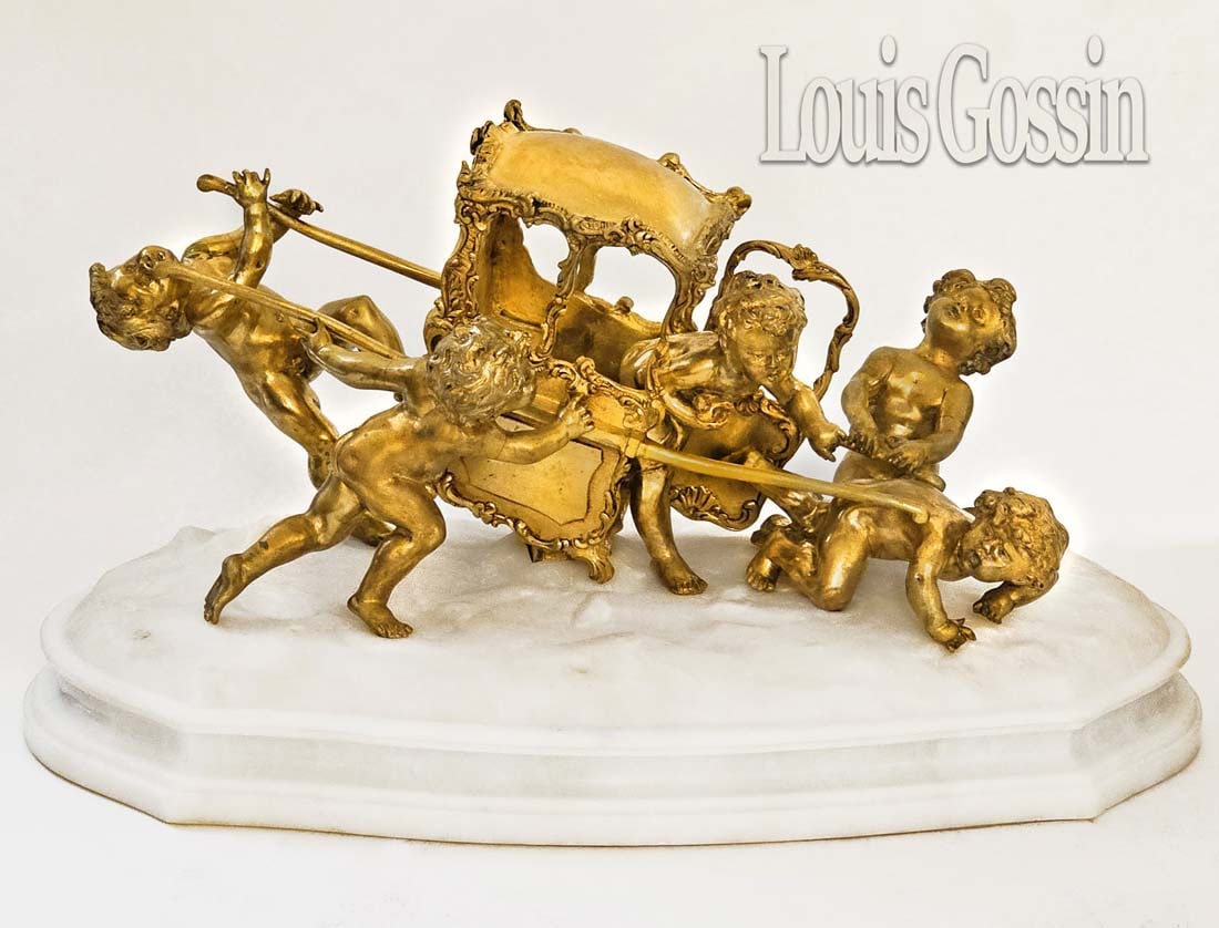 French Louis Gossin (1846-1928) Bronze Chrubs With A Sedan Chair: French Louis Gossin (1846-1928) Bronze Chrubs With A Sedan Chair. H 10" x W 10" x L 18"