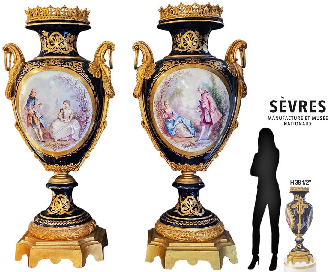 Large 19th C. Pair Of Sevres Porcelain Bronze Figural Mounted Vase, Singed By Henri Poitevin: Large 19th C. Pair Of Sevres Porcelain Bronze Figural Mounted Vase, Singed By Henri Poitevin. H 38 1/2" x W 14 x L 18"