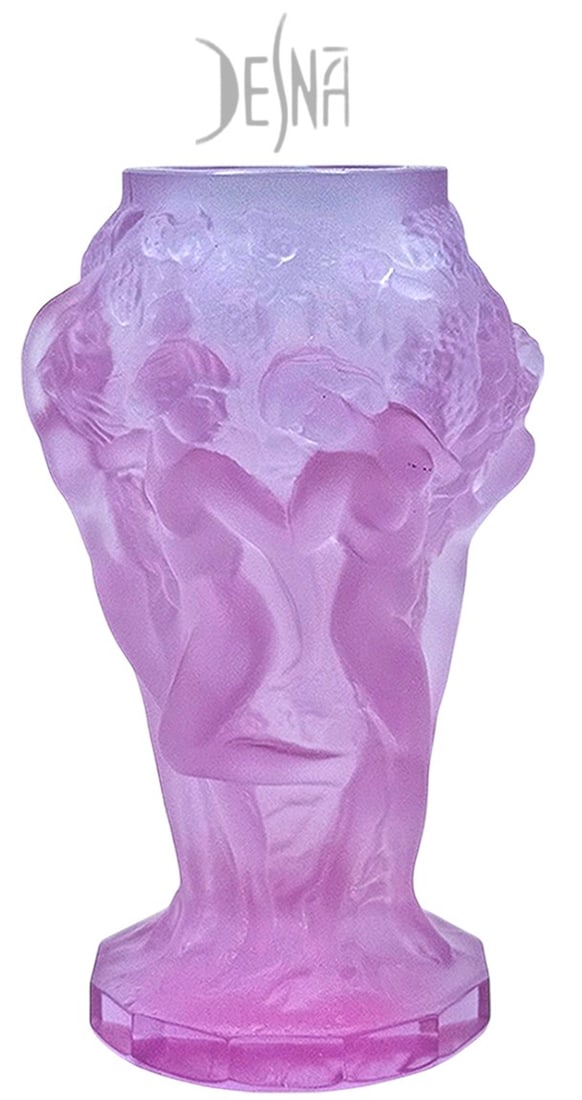 Vintage Bohemian Desna Nude Angels, Purple Crystal Vase: Art Deco / Lalique style Desna Nude Angels Figural Purple Crystal Vase. H 5" x 3.25"
