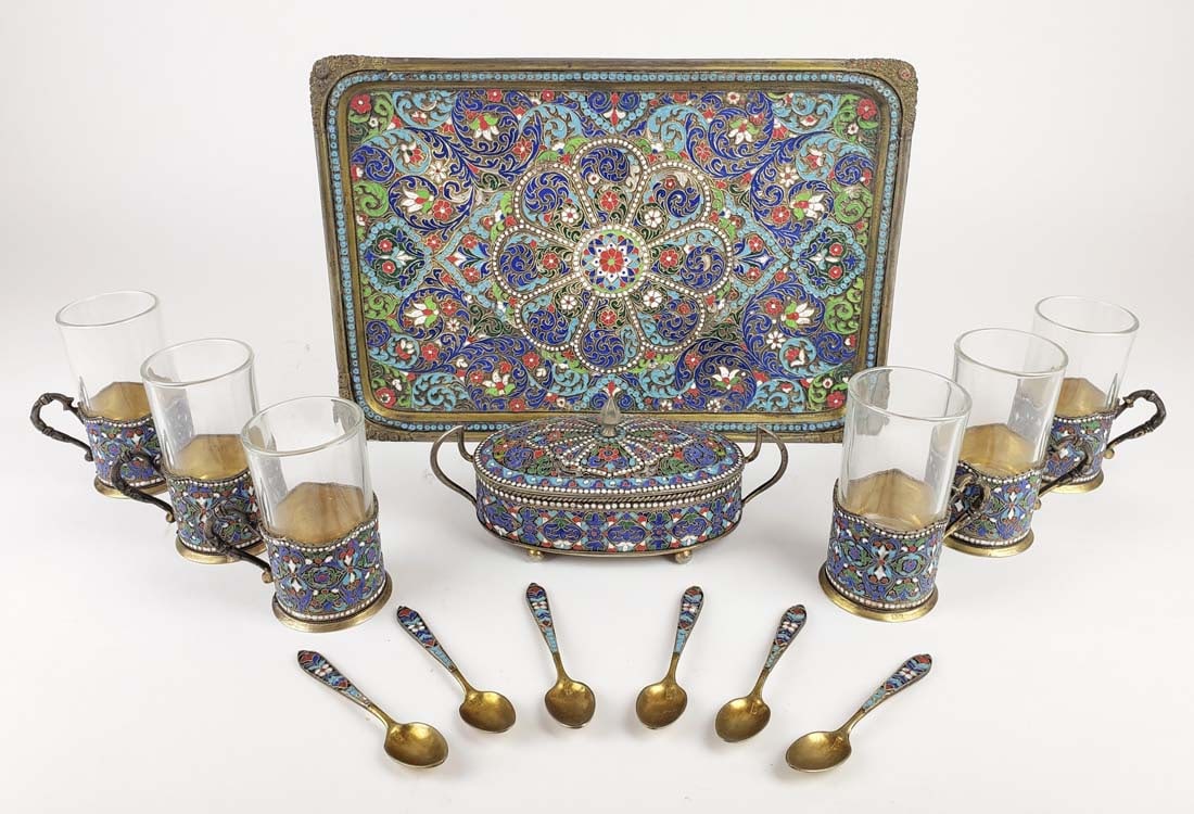 Magnificent 19th C. Russian Enamel & 84 Silver Tea Set (1 of 12)