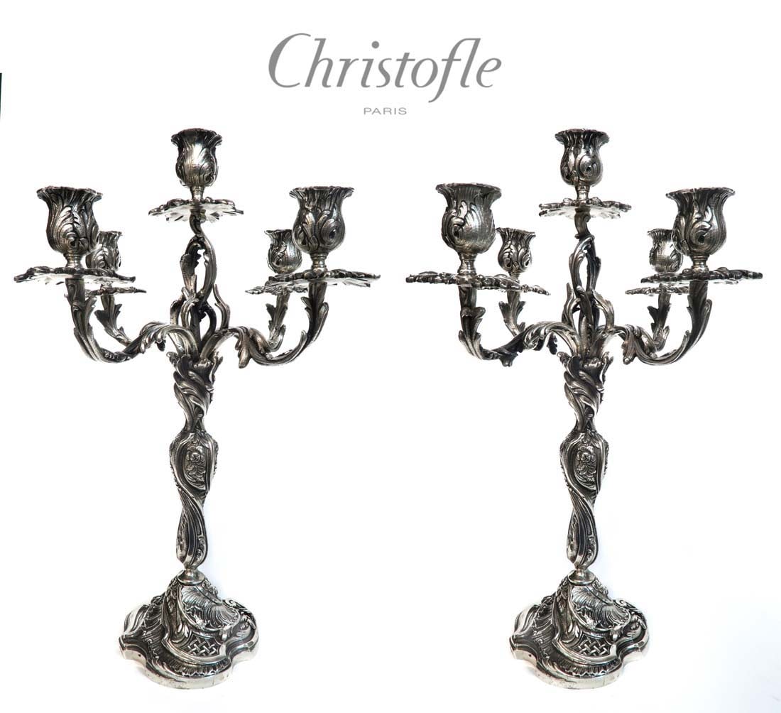 A Pair of French Silver Plated Five Light Candelabra Christofle, Paris: A Pair of French Silver Plated Five Light Candelabra Christofle, Paris. Measures H: 16 1/2"