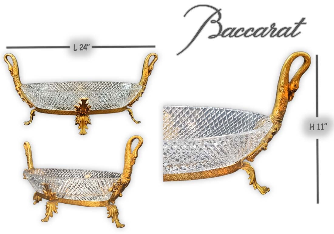 LARGE 19th C. Figural Center Piece Baccarat Crystal, Bronze Swan Handle: LARGE 19th C. Figural Center Piece Baccarat Crystal, Bronze Swan Handle. L 24" x H 11" x W 10"