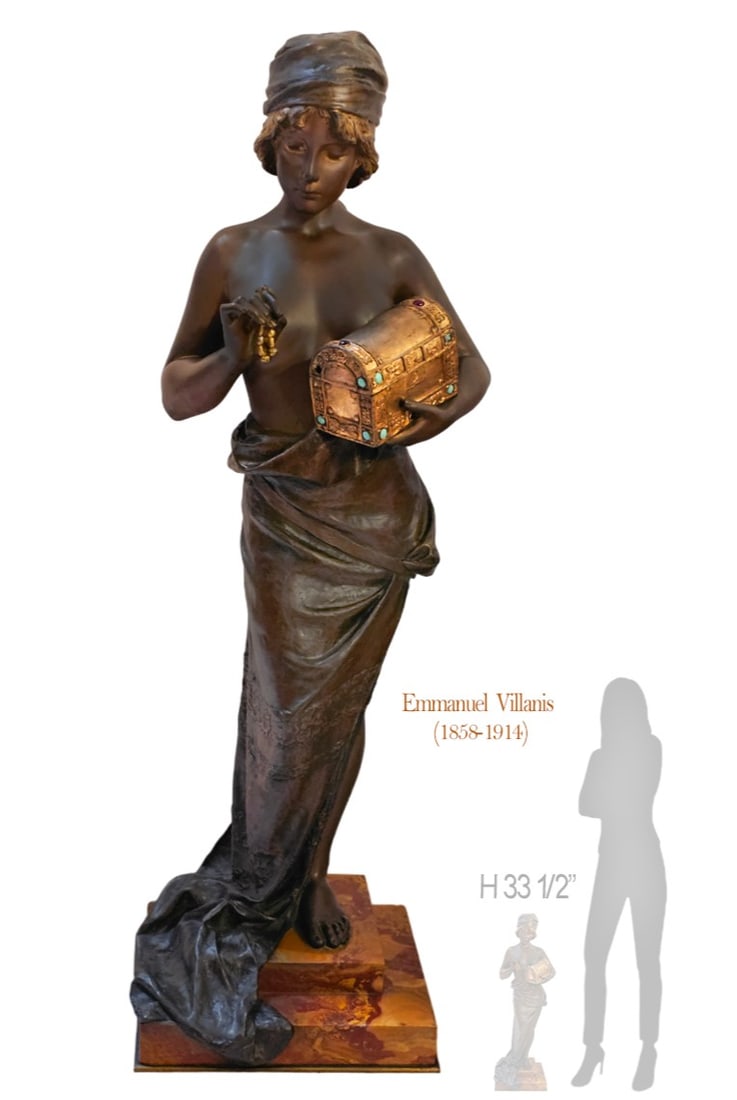 19th C. French Patina Bronze Villanis Emmanuel Figure Of Pandora With Marble Base: 19th C. French Patina Bronze Villanis Emmanuel Figure Of Pandora With Marble Base. H 33 1/2" x W 9" x L 11 1/2"