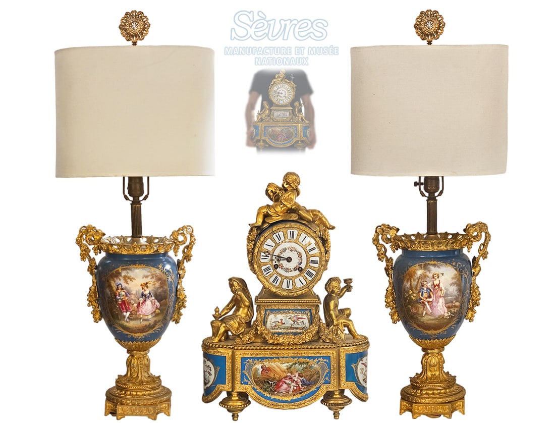 19th C. Sevres Mount Gilt Figural Bronze Hand Painted Clock Set: 19th C. Sevres Mount Gilt Figural Bronze Hand Painted Clock Set. Candelabras: H 34 1/2" x W 13 1/2" \ Clock: H 19 1/2" x W 14 1/2"