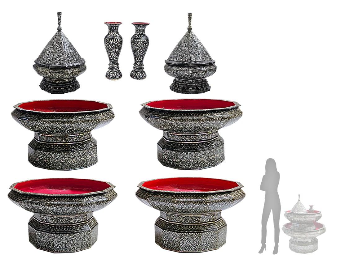 Rare Set Of Eight Antique Southeast Asian Figural Mother Of Pearl Inlaid: Rare Set Of Eight Antique Southeast Asian Figural Mother Of Pearl Inlaid. Lidded bowls: H 15" x W 10 1/2" \ Large bowls: H 13 1/2" x W 25" \ Small bowls: H 13" x W 21" \ Vases: H 8 7/8" x W 2 1/2"