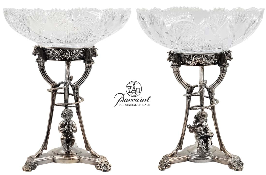Pair Of 19th C. Empire Style Silver Plated With Baccarat Crystal Bowl Centerpieces: Pair Of 19th C. Empire Style Silver Plated With Baccarat Crystal Bowl Centerpieces. H 13" x W 10 1/2"