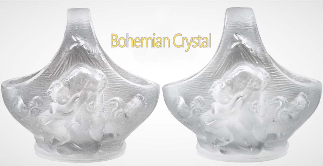 Pair of Vintage Bohemian figural carved Crystal Basket/Candy Bowl: Pair of Vintage Bohemian "Lalique style" figural carved Crystal Basket/Candy Bowl. H 5.5" x L 6" x W 4.5"