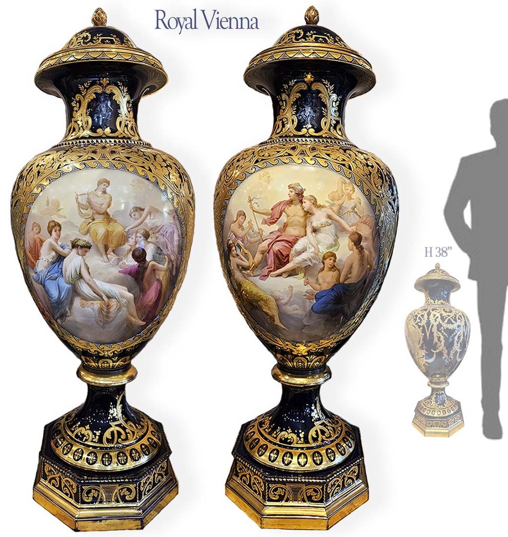 Large Signed Pair Of 19th C. Royal Vienna Urns: Large Pair Of 19th C. Royal Vienna Urns, Signed. H 38" x W 13 1/2"