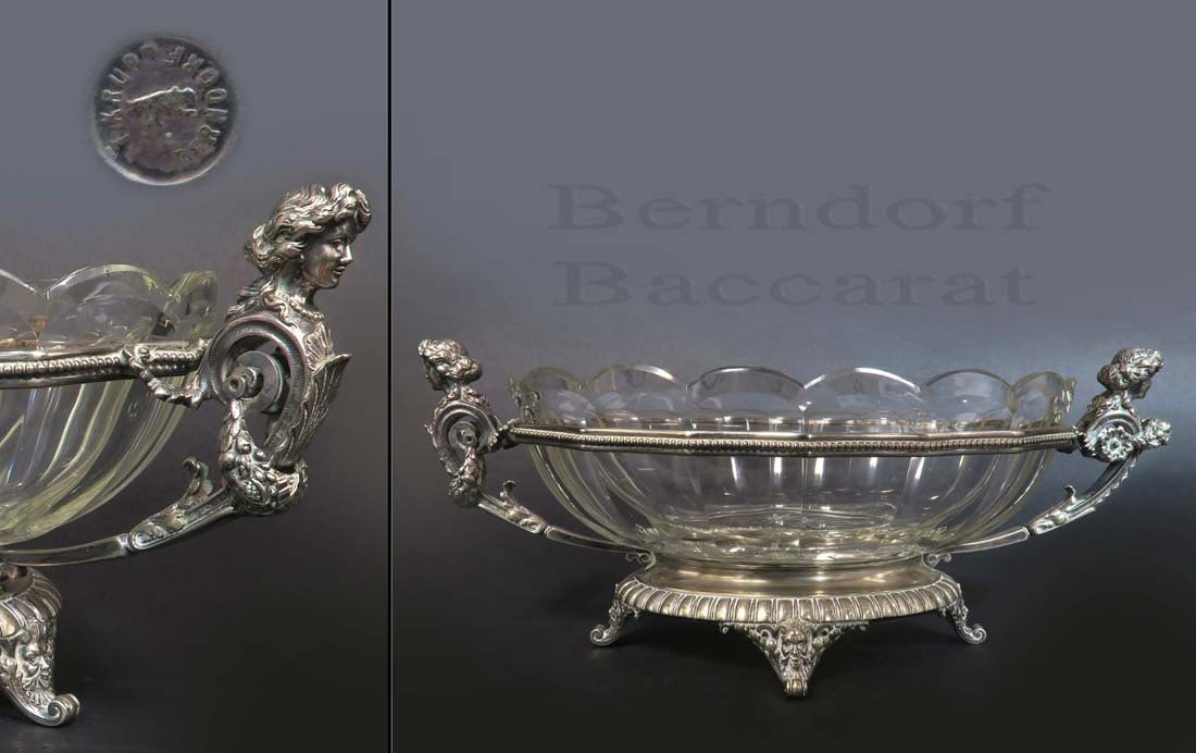 19th C. Figural Silver Plated Baccarat Crystal "Berndorf" Centerpiece: 19th C. Figural Silver Plated Baccarat Crystal "Berndorf" Centerpiece. 17" x 9" H 7"