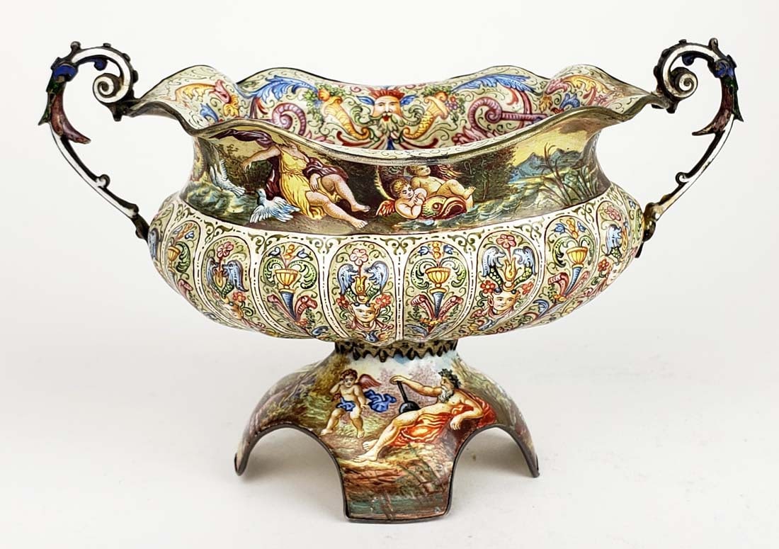 19th C. Large Viennese Enamel on Silver Bowl w/ Handles: 19th C. Large Viennese Enamel on Silver Bowl w/ Handles. Measures H: 4" W: 5 3/4"