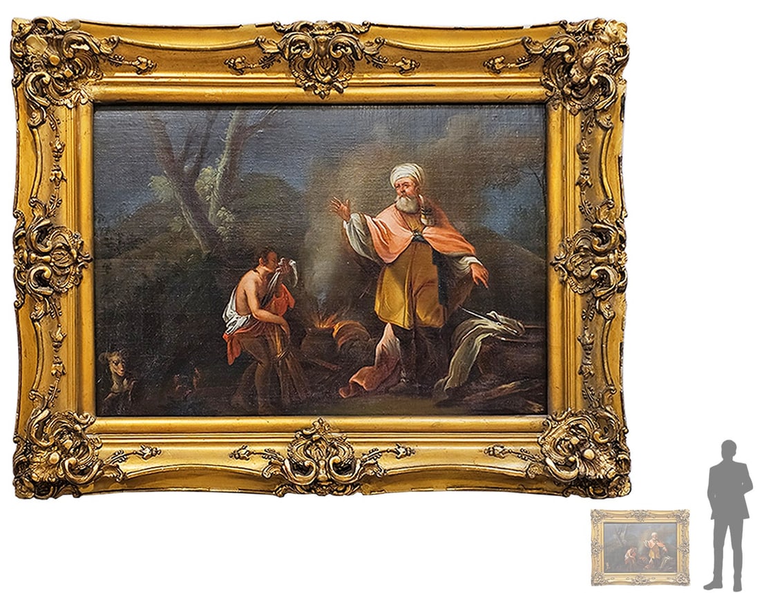 Large 18th C. 'Abraham & Isaac' Judaica Oil On Board Painting: Large 18th C. 'Abraham & Isaac' Judaica Oil On Board Painting. Frame: 43" x 33 1/2" \ Board painting: 33 1/2" x 23"