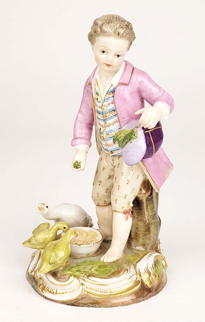 19th C. Meissen Porcelain Figure of Boy Feeding Ducks: 19th C. Meissen Porcelain Figure of Boy Feeding Ducks. Measures H: 5"