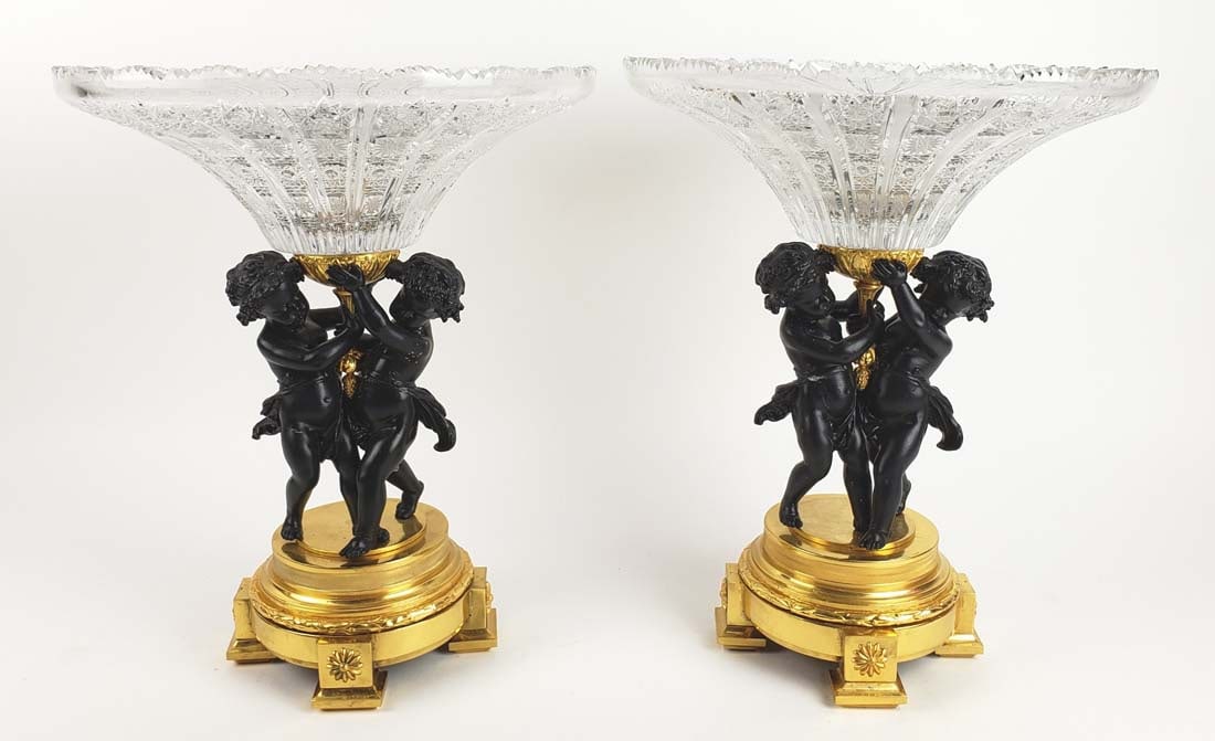 Pair of 19th C. Gilt & Patinated Bronze & Crystal Figural Centerpieces: Pair of 19th C. Gilt & Patinated Bronze & Crystal Figural Centerpieces. They measure H: 14" W: 12"