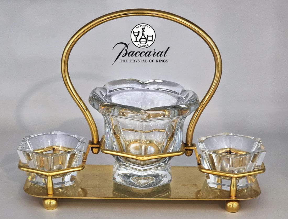 Baccarat Glass Condiment Caddy Bowl Set: Baccarat Glass Condiment Caddy Bowl Set. H 6 1/2" x W 3" x L 8 1/2"