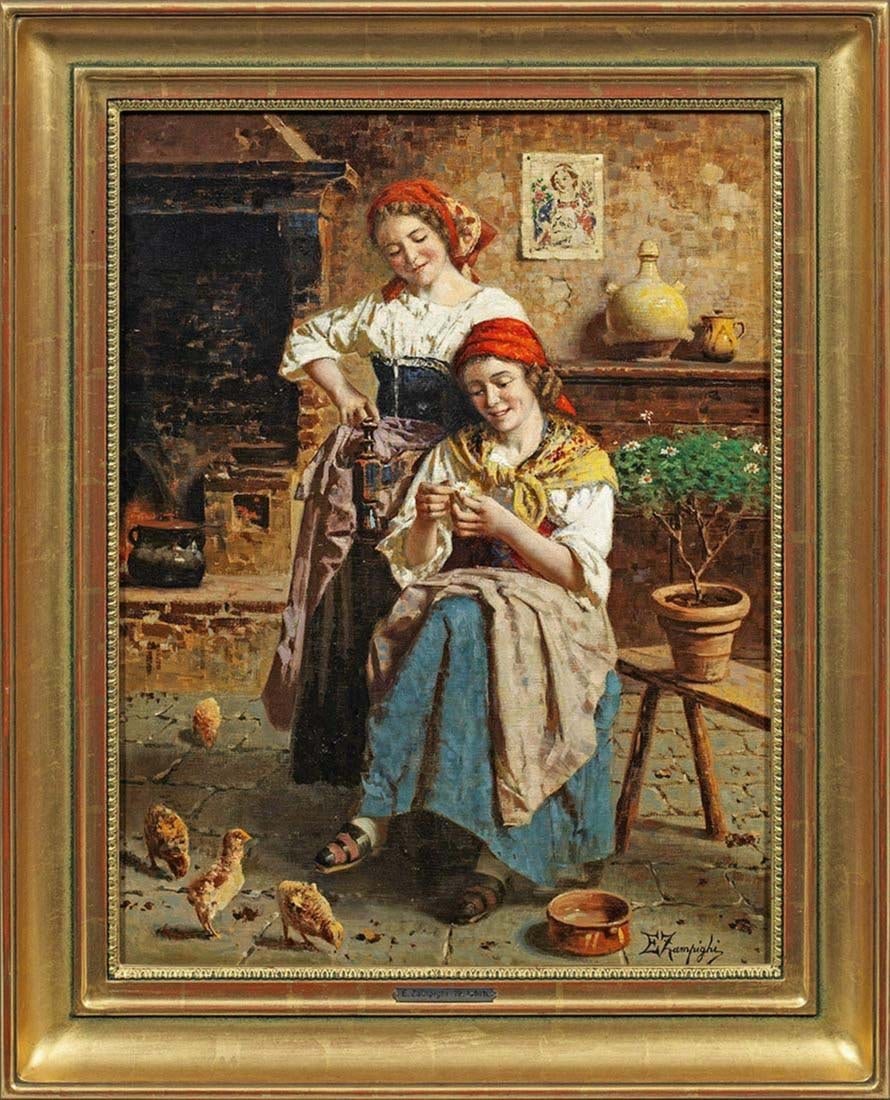 Eugenio Zampighi (Italian 1859-1944) "Farmhouse" Oil on Canvas: Eugenio Zampighi (Italian 1859-1944) "Farmhouse" Oil on Canvas. The frame measures approx 23.6" x 18.2". Picturesque interior with chicks, in the center of the composition a seated peasant girl plucki