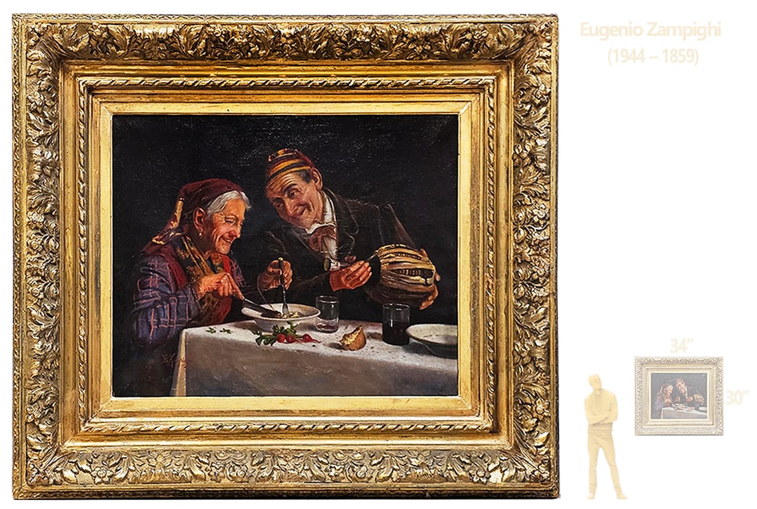 19th C. Elderly Couple Oil On Canvas Painting Signed By E.Zampighi: 19th C. Elderly Couple Oil On Canvas Painting Signed By E.Zampighi. Frame: 34" x 30" \ Canvas: 22" x 18 1/2"