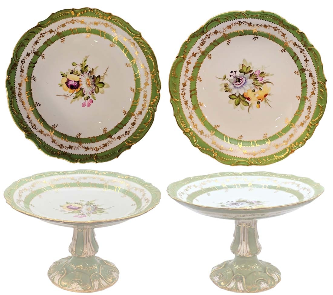 Pair Of 19th C. French Botanical Pedestal Cake Plates: Pair Of 19th C. French Botanical Pedestal Cake Plates. H 6 1/4" x D 10"