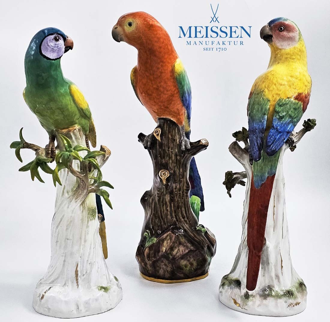 19th C. Lot Of Three Meissen Porcelain Figures of Parrots (1 of 20)