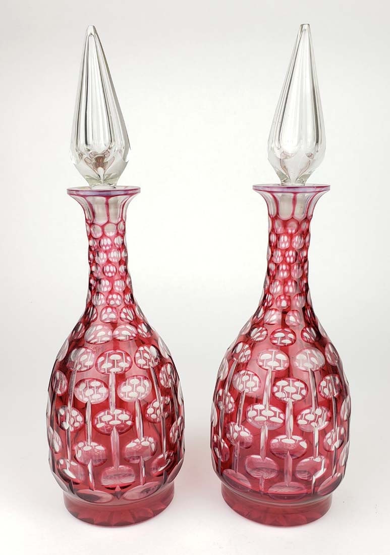 Pair of 19th C. Bohemian Ruby Red Decanters: Pair of 19th C. Bohemian Ruby Red Decanters. They measure H: 14 5/8"
