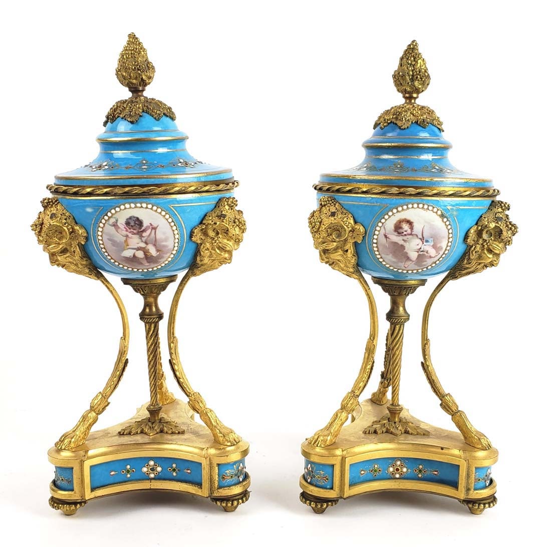 Pair of 19th C. Sevres Jewelled Porcelain & Bronze Vases w/ Lids: Pair of 19th C. Sevres Jewelled Porcelain & Bronze Vases w/ Lids. They measure H: 13 3/4" W: 5 3/4"