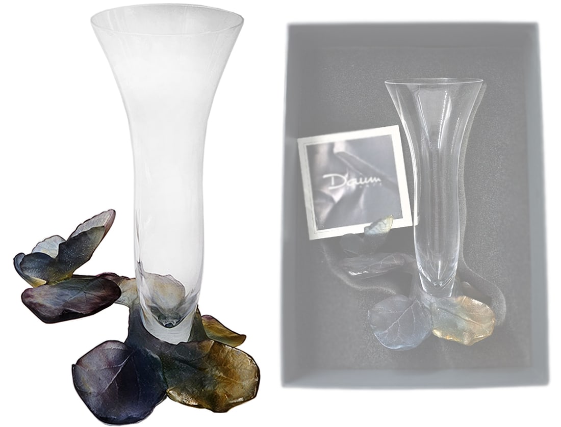 French Daum Crystal Flower Base & Butterfly Vase: French Daum Crystal Flower Base & Butterfly Vase. H 8 1/2" x W 5"