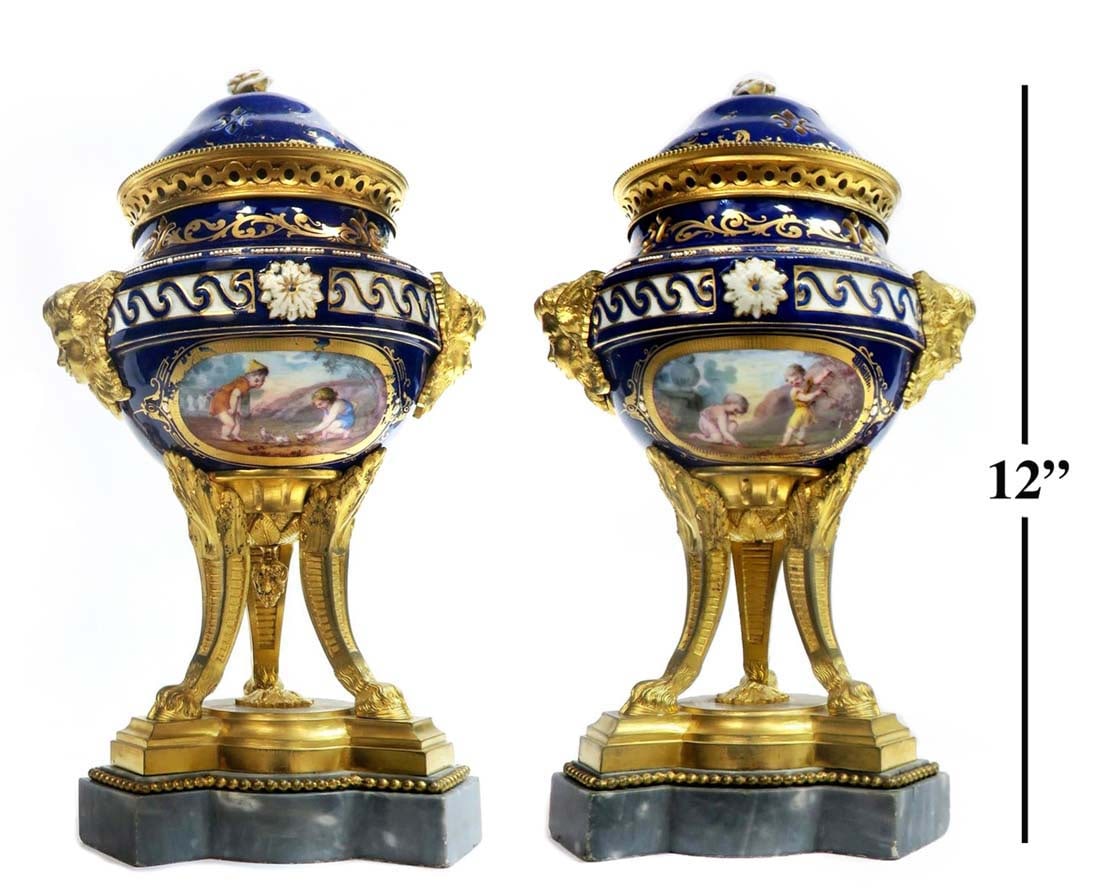 Pair of 19th C. Sevres Figural Porcelain & Bronze Vases/ Urns: Pair of 19th C. Sevres Figural Porcelain & Bronze Vases/ Urns. They measure H: 12" W: 7"