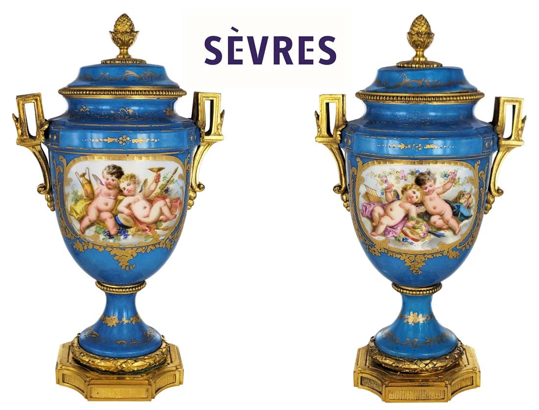 Pair Of 19th Century Hand Painted Sevres Vases: Pair Of 19th Century Hand Painted Sevres Vases. H 11 1/2" x W 6 3/4"