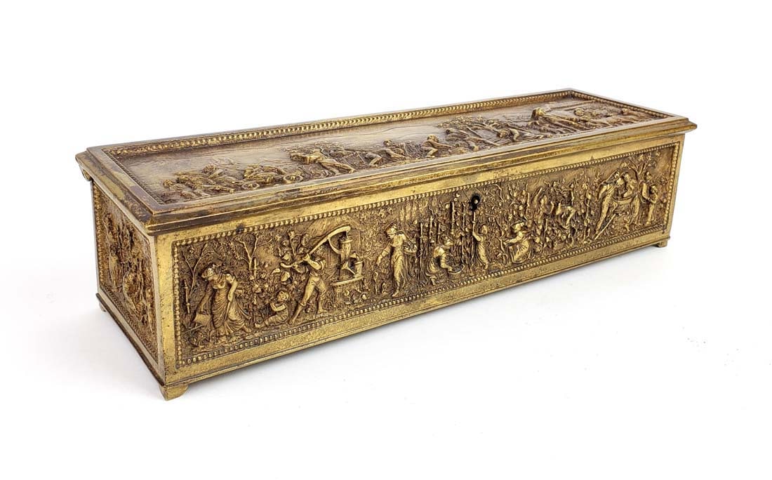 19th C. French Bronze Engraved Figural Box: 19th C. French Bronze Engraved Figural Box. Measures H: 3 1/4" W: 12 3/4"