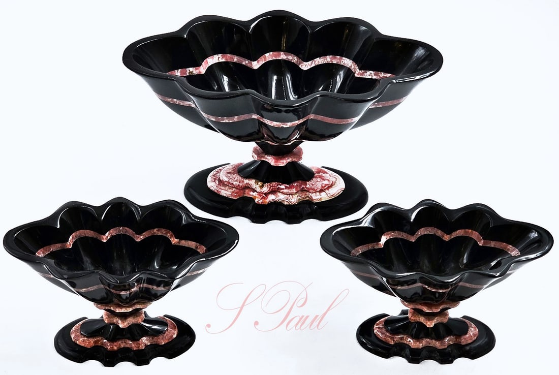 Set Of Three Black Onyx & Rhodochrosite Centerpieces: Set Of Three Black Onyx & Rhodochrosite Centerpieces. Large: H 5 1/2" x W 5" x L 9 1/2" \ Small: H 4" x W 3 1/2" x L 6"