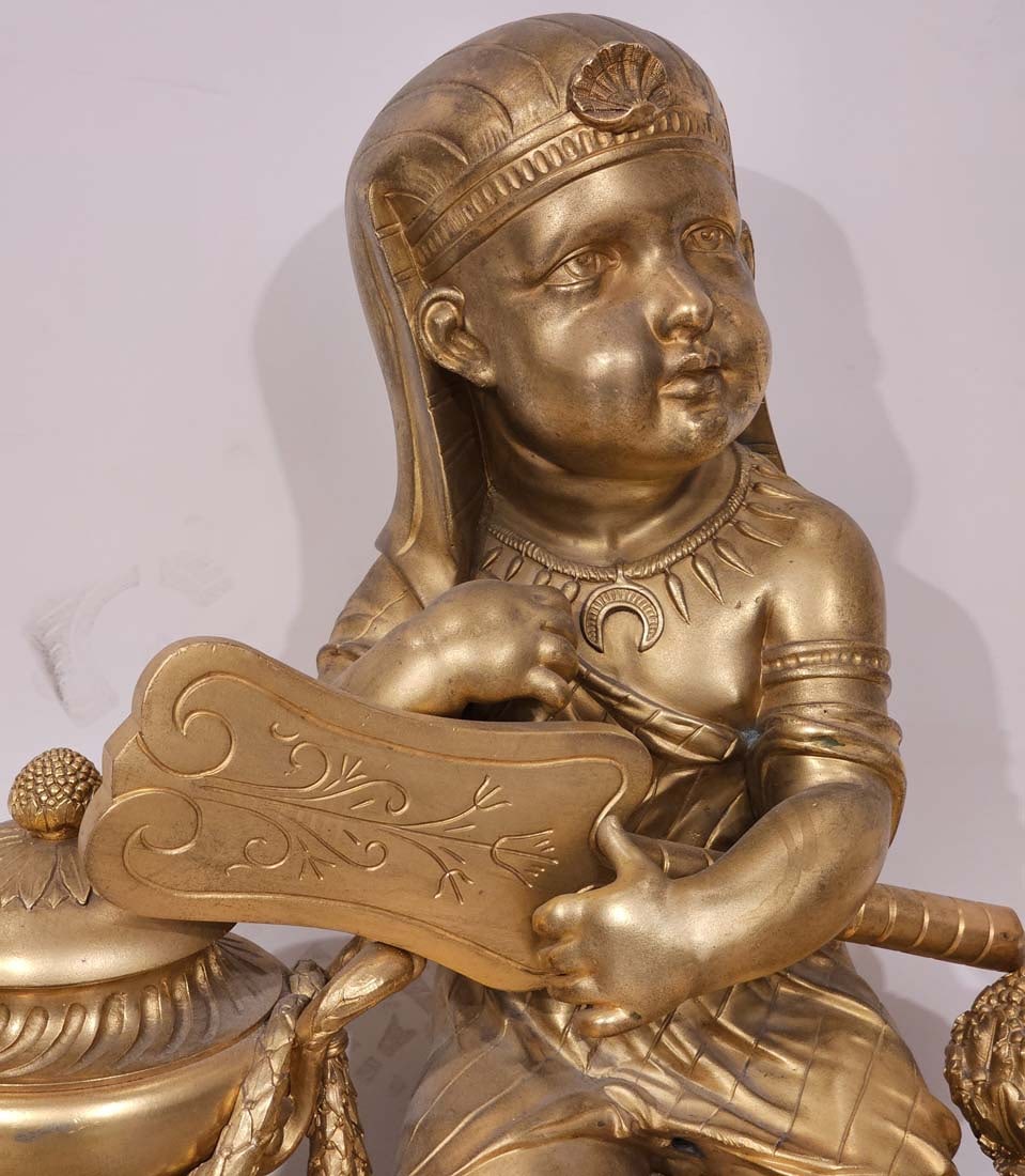 Signed, 19th C. French Judaica Fireplace Surround Moses & Pharaoh Figural Bronze Cherubs Chenets - 2