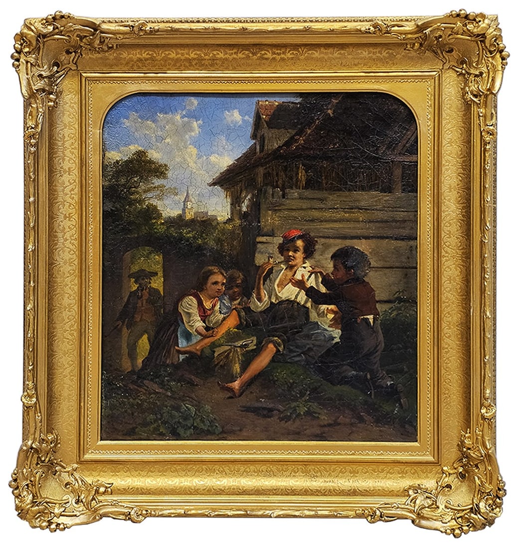 19th C. Oil On Canvas 'Village Kids & Pipe Smoking Master' Painting (1 of 8)