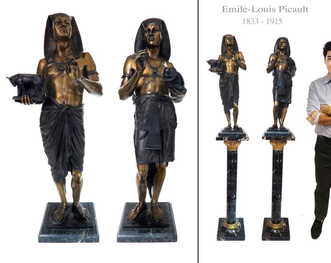 19th C. Pair of Patinated Bronze Figural Sculpture by E. Picault: 19th C. Pair of Patinated Bronze Figural Sculpture by E. Picault. They measure H: 30". The pedestals are not included