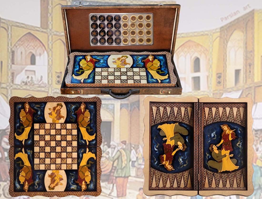 Persian Hand Painted Isfahan ' Khatam ' Backgammon set: Persian Hand Painted Isfahan ' Khatam ' Backgammon set. Case: H 3" x W 13 1/8" x L 24 7/8" \ Backgammon: H 2 1/8" x L 23" x W 12"