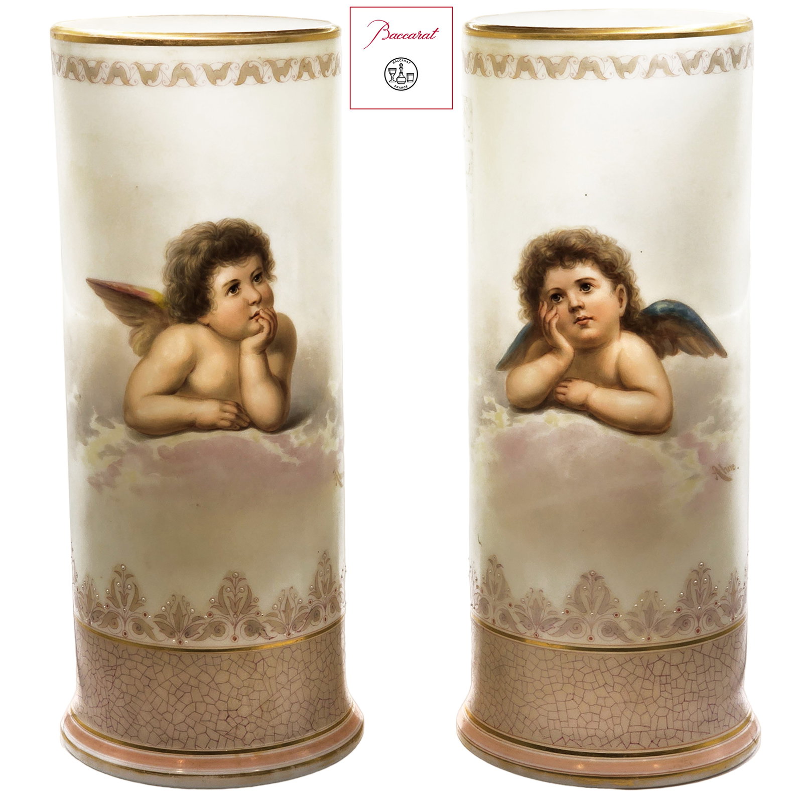 Signed Pair Of 19th C. French Hand Painted Baccarat Opaline Spill Vases: Signed Pair Of 19th C. French Hand Painted Baccarat Opaline Spill Vases. H 12 7/8" x W 5"