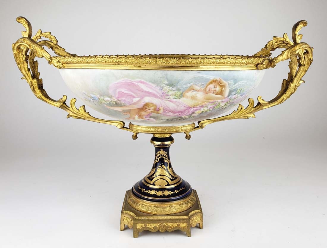 19th C. Sevres Pocelain Gilt Bronze Mounted Centerpiece: 19th C. Sevres Pocelain Gilt Bronze Mounted Centerpiece. Measures H: 11 3/4" W: 16 1/2"