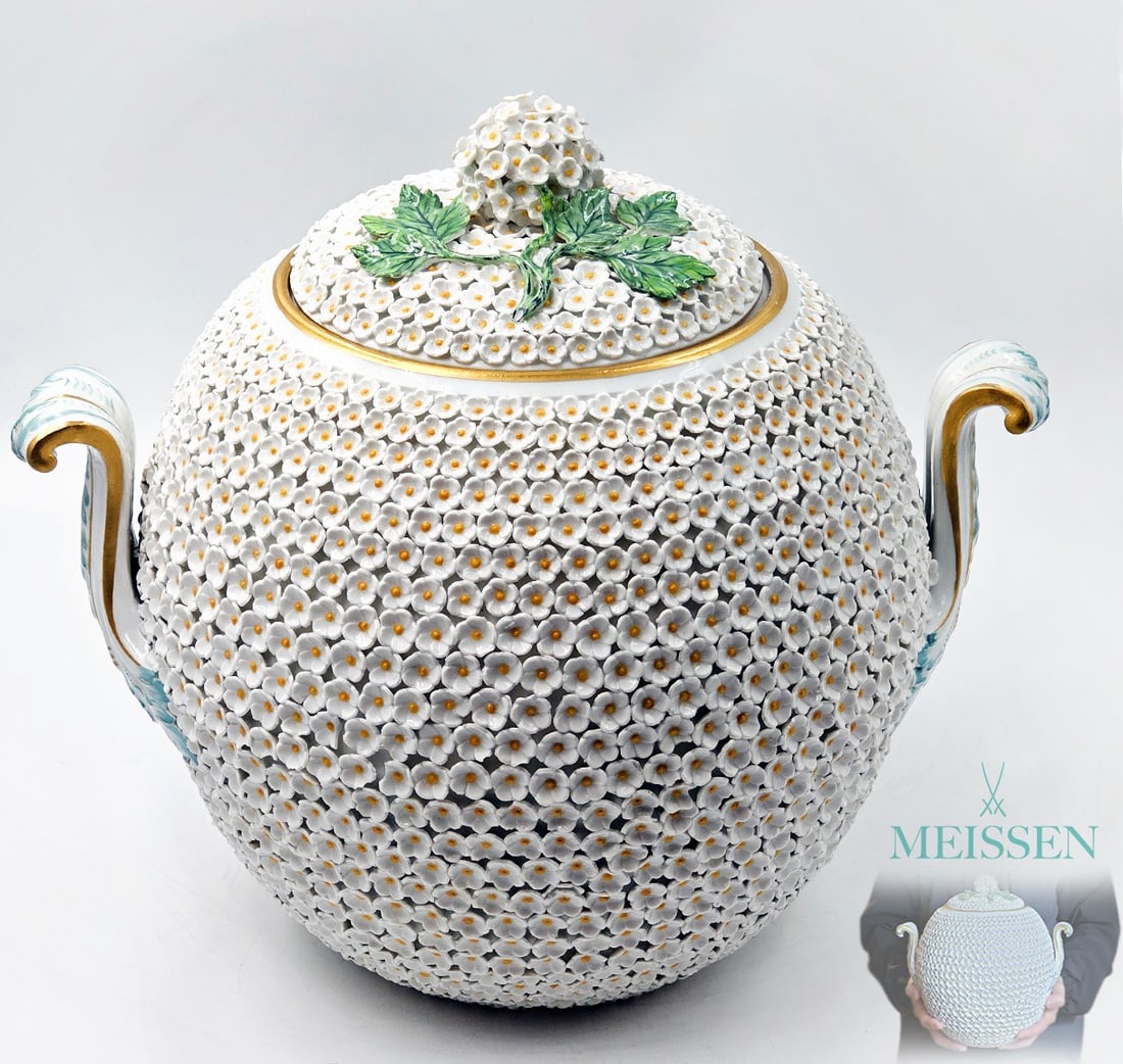 19th C. Snowball Meissen Porcelain Punch Bowl: 19th C. Snowball Meissen Porcelain Punch Bowl. H 10 7/8" x W 9 1/4" x L 11 1/2"