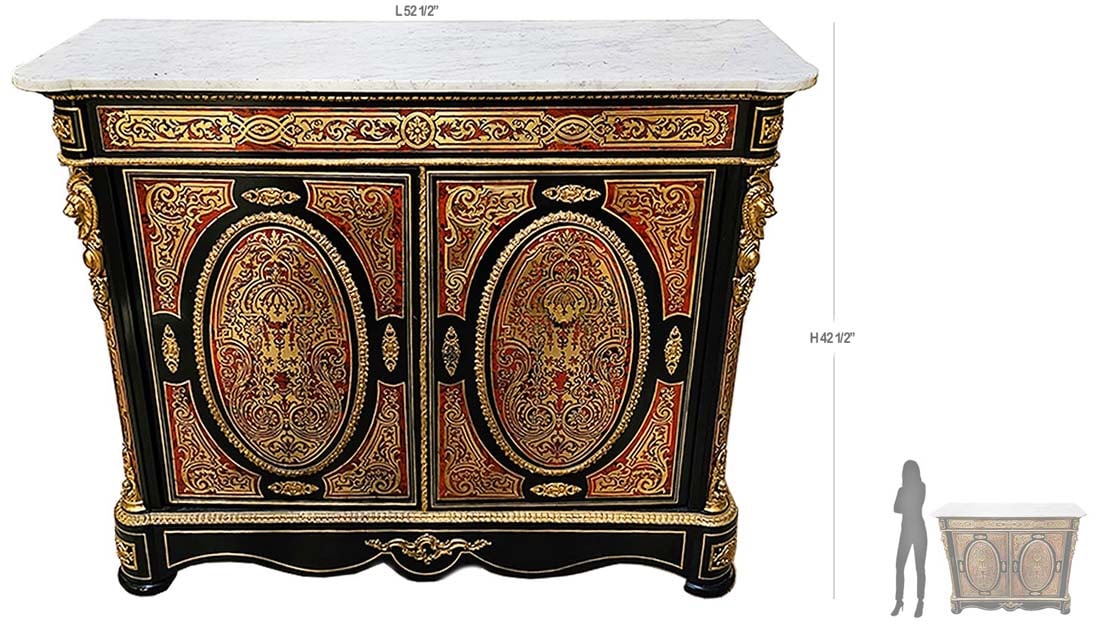 19th Century French Figural Bronze Boulle Cabinet: 19th Century French Figural Bronze Boulle Cabinet. H 42 1/2" x W 17 x L 52 1/2"