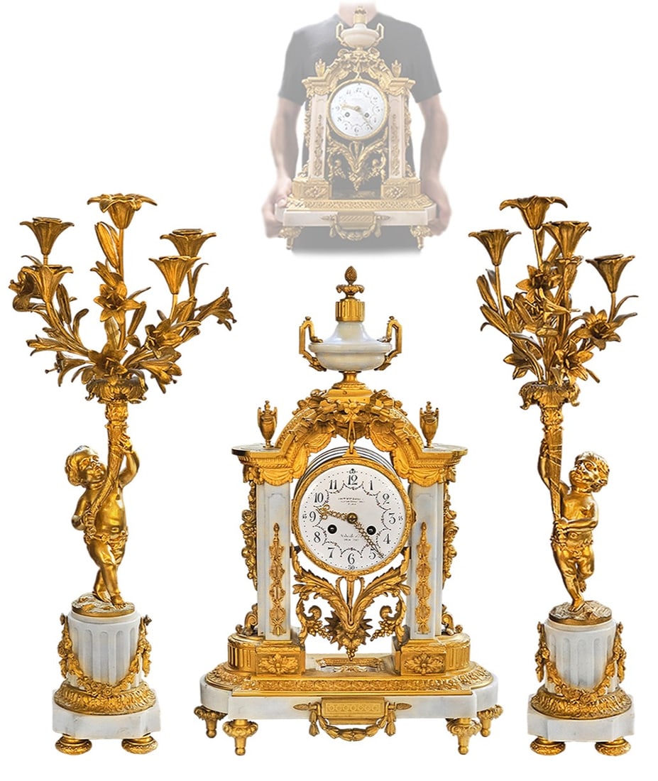 19th C. French Louis XVI Style Gilt-Bronze Figural Mental Clockset: 19th C. French Louis XVI Style Gilt-Bronze Figural Mental Clockset. Candelabras: H 24 1/2" x W 5" x L 10" \ Clock: H 22" x W 7" x L 14"