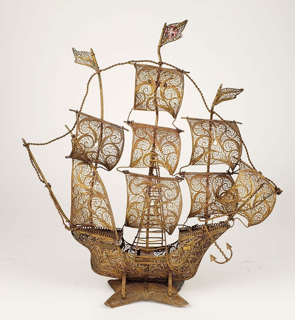 19th C. Continental Filigree Figure of Ship: 19th C. Continental Filigree Handmade Figure of Ship. Measures H: 13" W: 12 1/2"