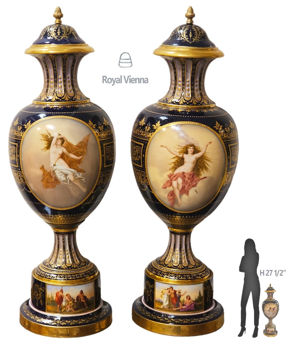 Pair Of Large 19th C. Royal Vienna Vases / Urns: Pair Of Large 19th C. Royal Vienna Vases / Urns. H 27 1/2" x W 9"