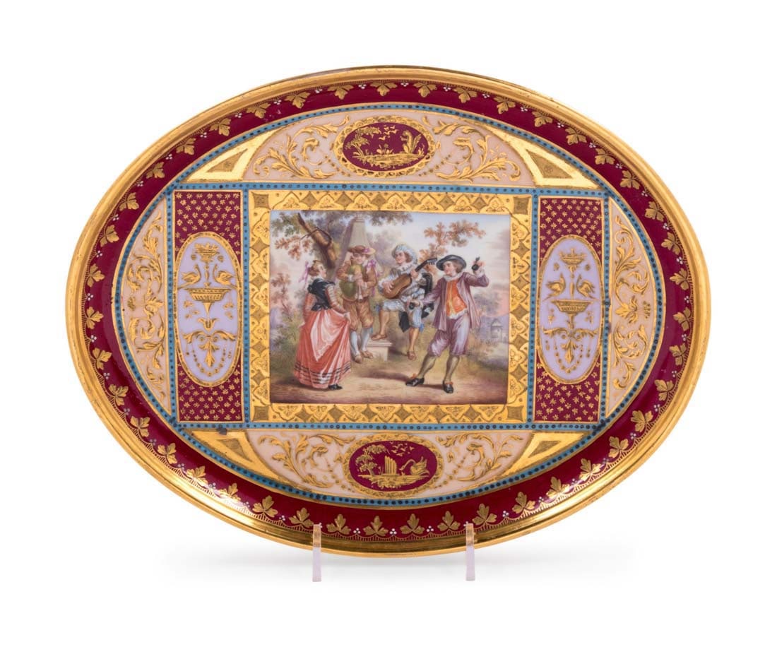 19th C. Royal Vienna Painted and Parcel Gilt Porcelain Tray: 19th C. Royal Vienna Painted and Parcel Gilt Porcelain Tray. Measures Width 10 3/4 inches.