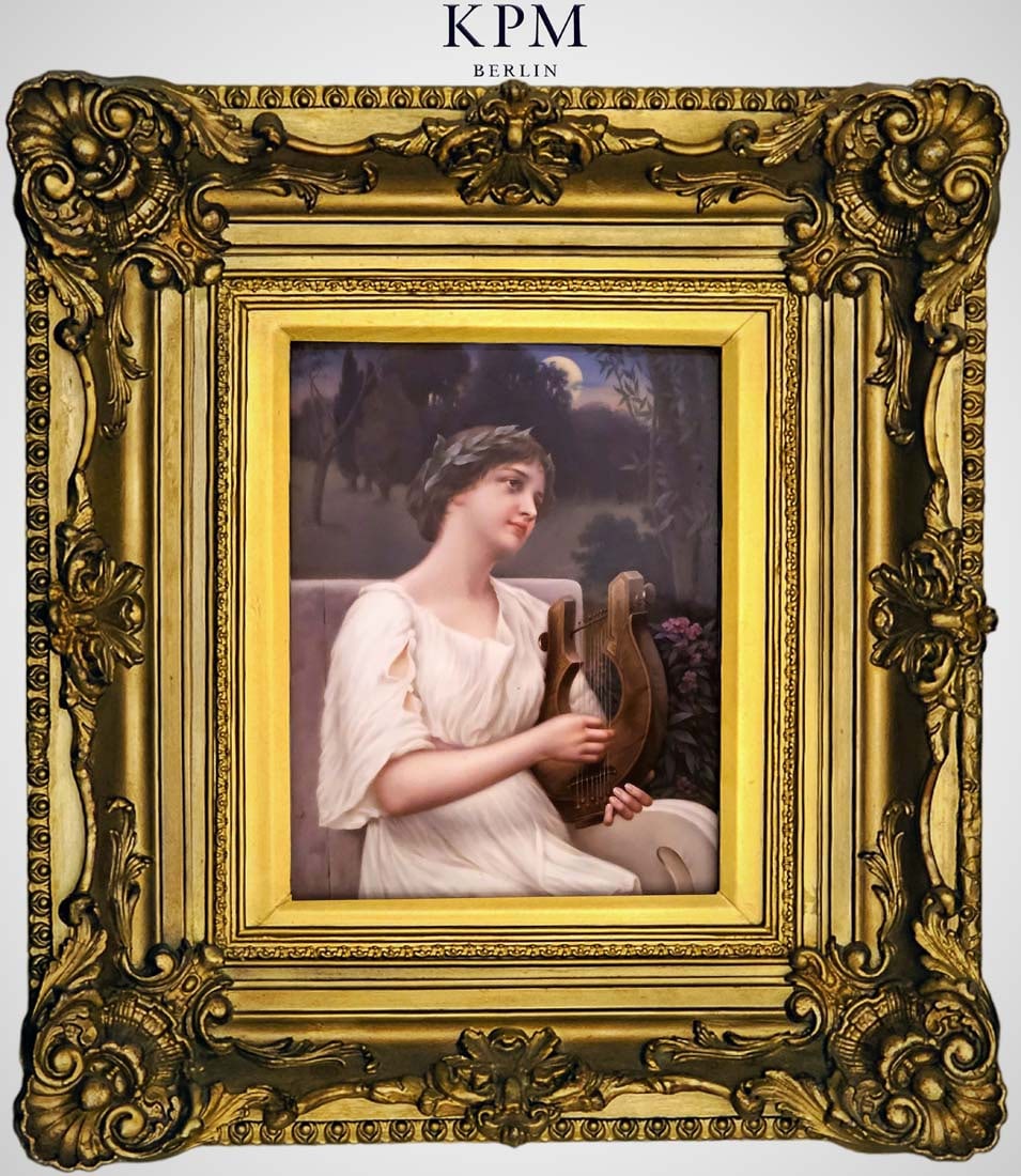 19th C. KPM Berlin Painted Porcelain Woman Playing Lyre Plaque: 19th C. KPM Berlin Painted Porcelain Woman Playing Lyre Plaque. Frame: 19 1/2" x 21 1/2" \ Plaque: 10" x 12"