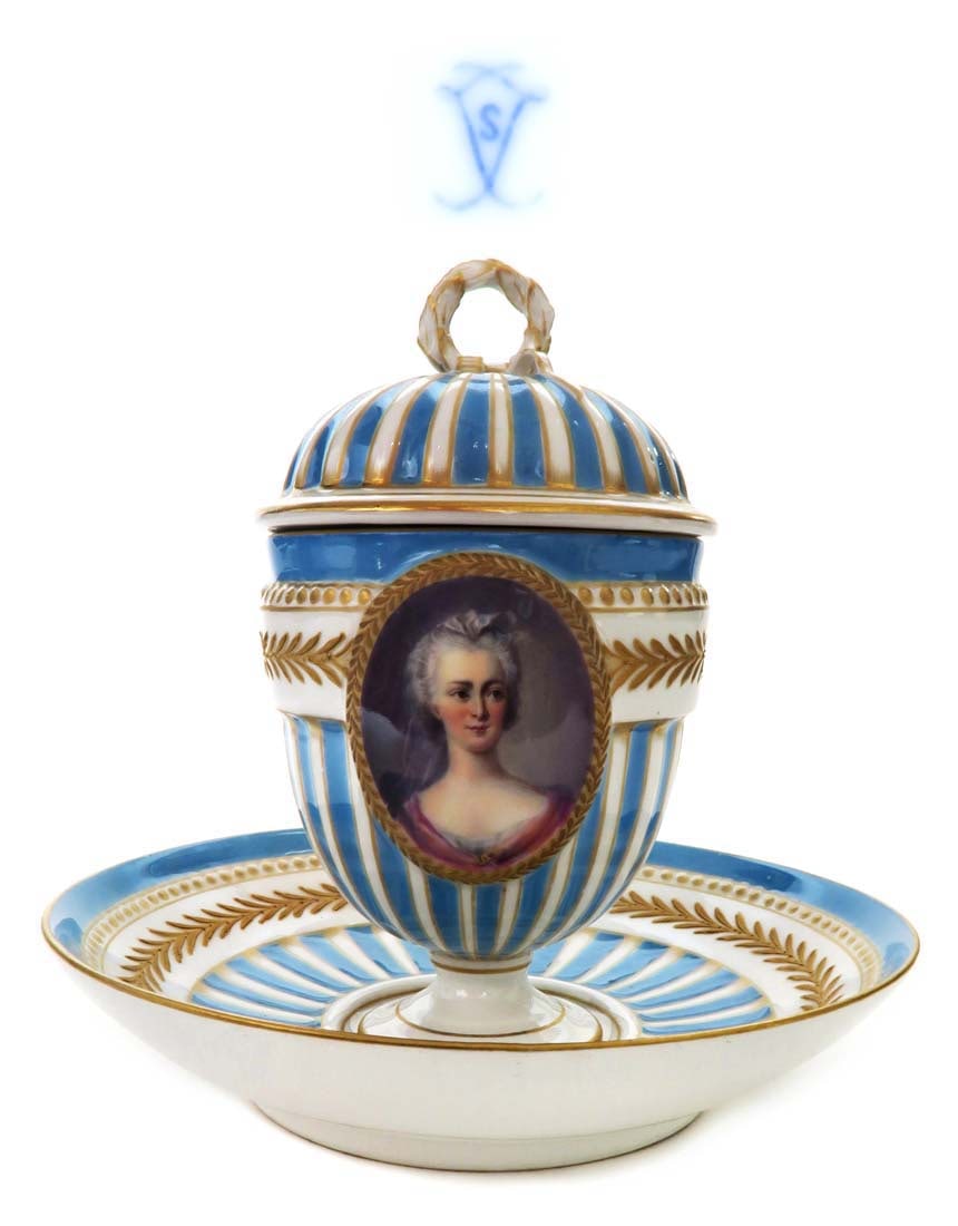 18TH CENTURY SEVRES, COVERED CUP AND SAUCER: 18th Century Sevres Covered Cup and Saucer.