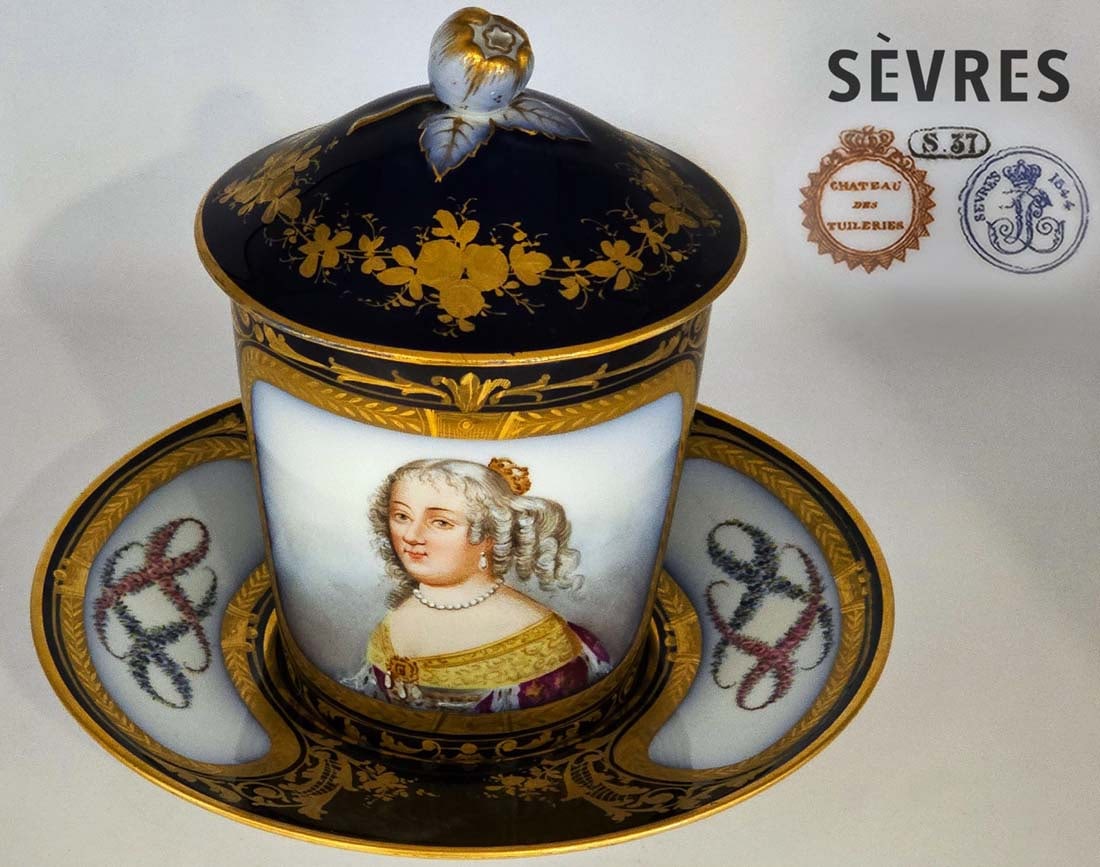 Large 19th C. Hand painted Sevres Cup and Saucer: Large 19th C. Hand painted Sevres Cup and Saucer. Cup with lid: H 6" x W 3 1/2" x L 5" \ W/o lid: H 4 1/8" \ Saucer: H 1 1/2" x D 6 1/2"