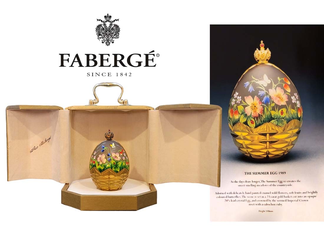 Theo Faberge ' The Summer Egg 1989 ': Theo Faberge. H 4.5" x W 3" as the days draw longer, The Summer Egg re-creates the sweet smelling meadows of the countryside. Adorned with delicately hand painted enamel wild flowers, soft fruits and
